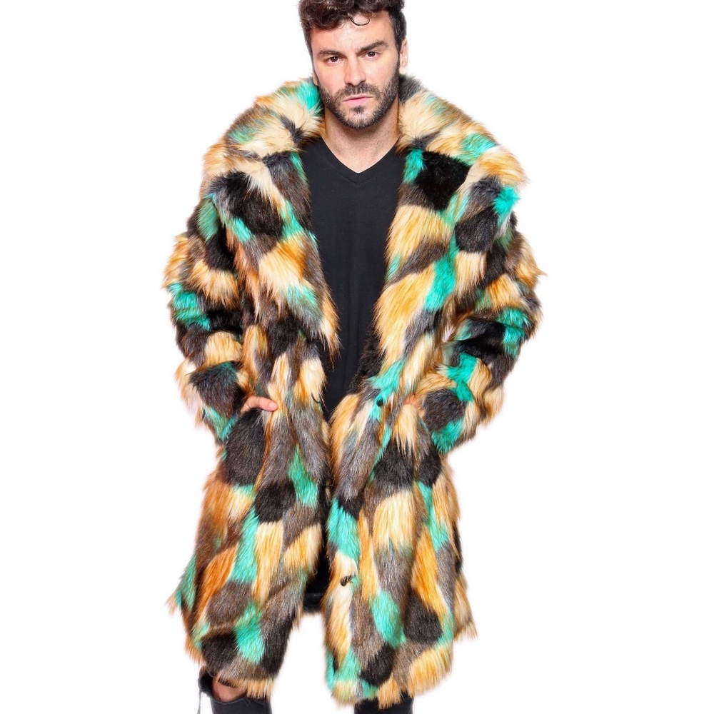 FURROCIOUS FURR Men's Patchwork Faux Fur Short Coat for Festivals, Burning Man
